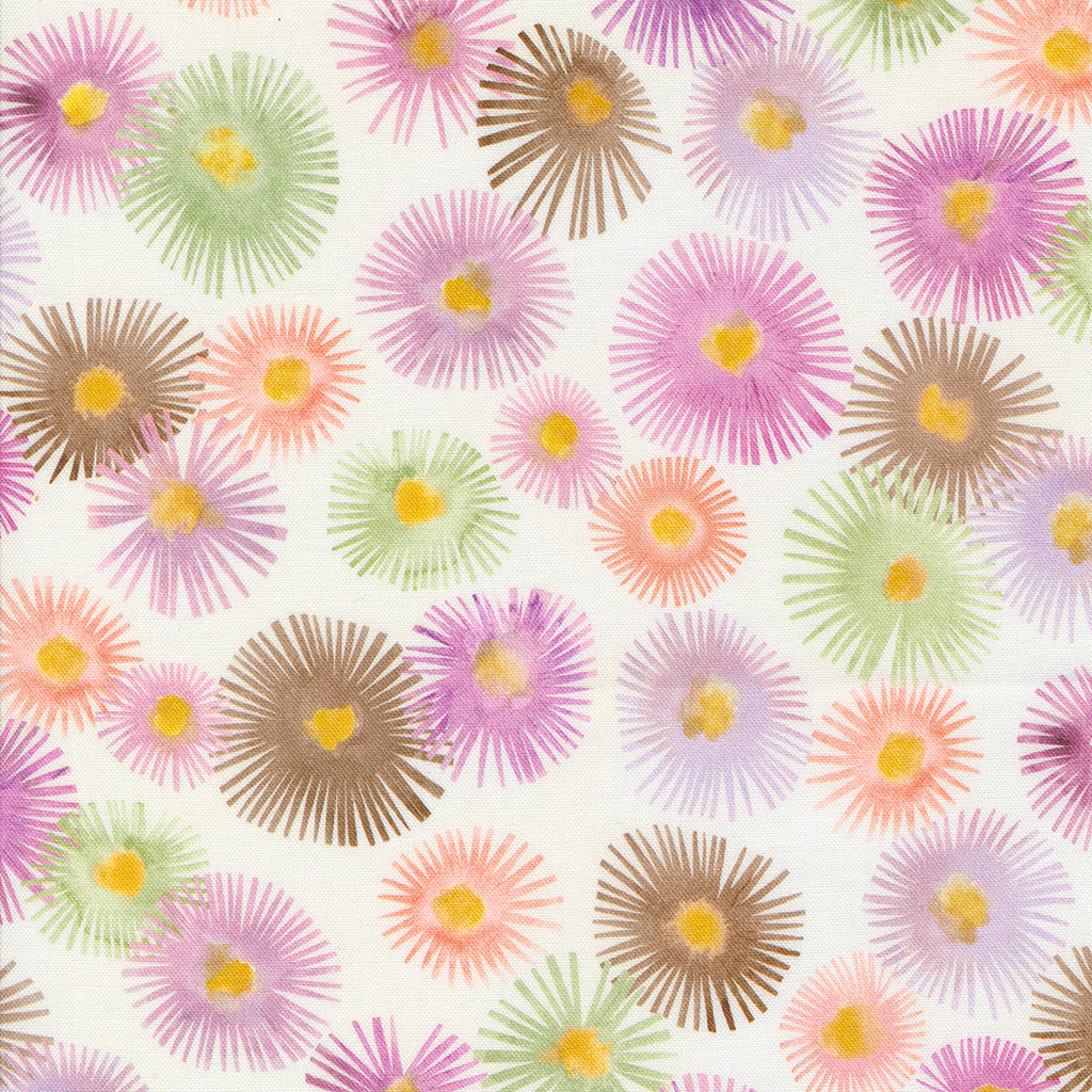 Blooming Lovely by Janet Clare for Moda. Cream - Purple, Pink, Green, and Brown Abstract Flowers on a White Background. 