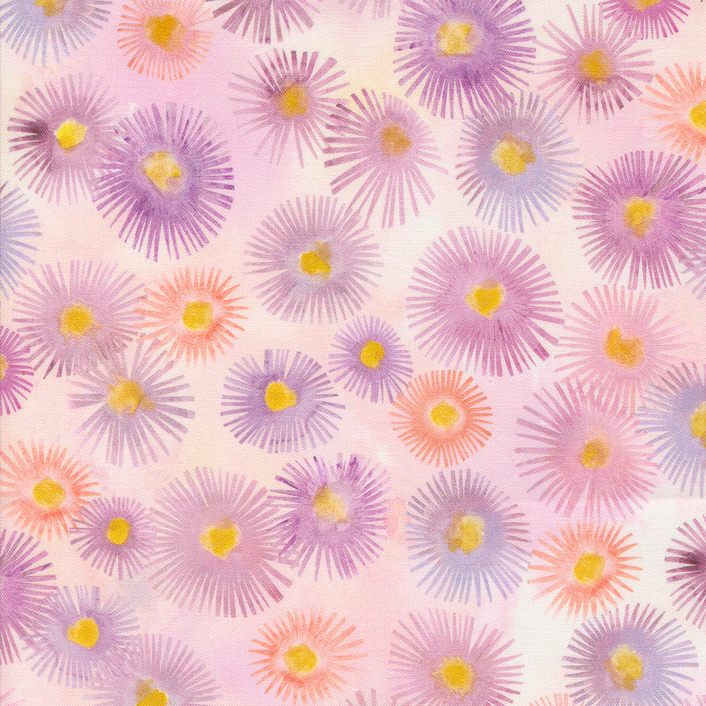 Blooming Lovely by Janet Clare for Moda. Petal - Purple and Pink Abstract Flowers on a Pink Background. 