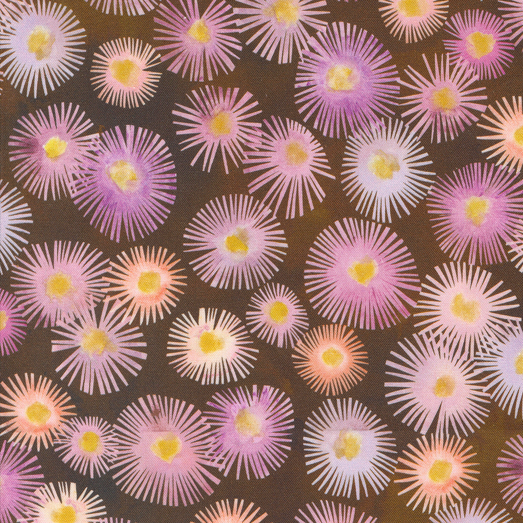 Blooming Lovely by Janet Clare for Moda. Sepia - Purple and Pink Abstract Flowers on a Chocolate Brown Background. 