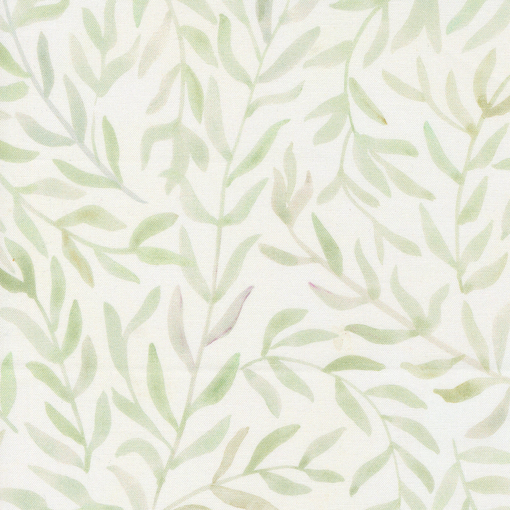 Blooming Lovely by Janet Clare for Moda. Cream - Green Watercolor Leaves on a White Background. 