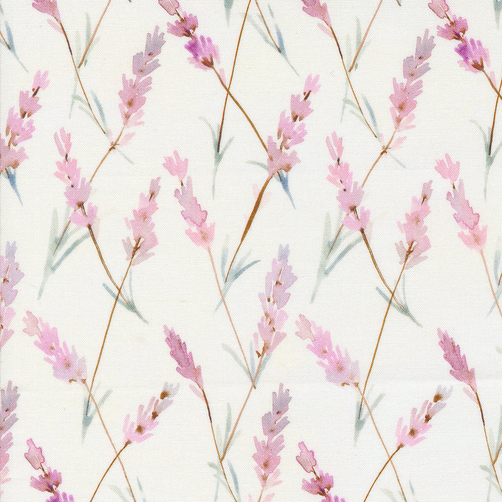 Blooming Lovely by Janet Clare for Moda. Cream -Thin Pink Flowers with Thin Green Watercolor Leaves on a Creamish White Background. 