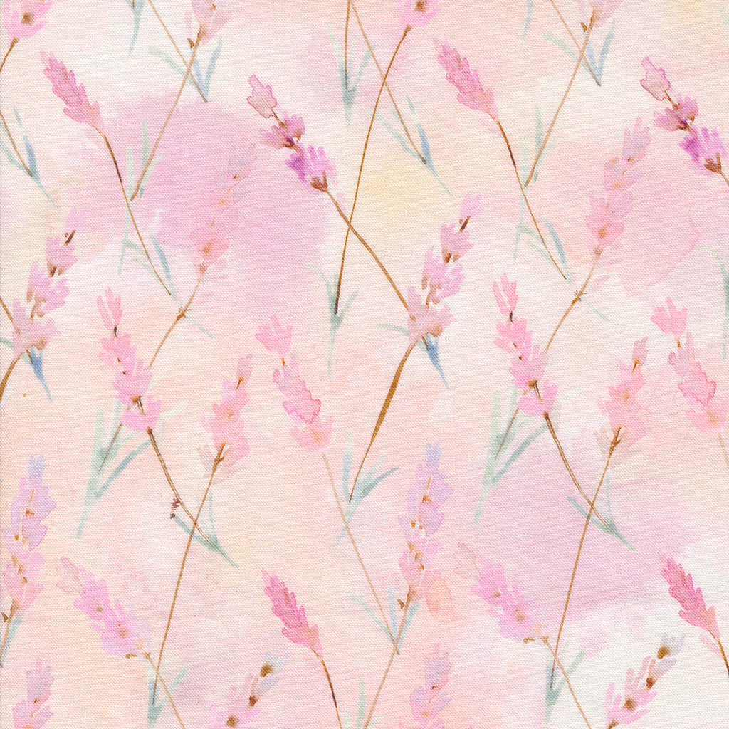 Blooming Lovely by Janet Clare for Moda. Petal -Thin Pink Flowers with Thin Green Watercolor Leaves on a Washed Pink and Peach Background. 