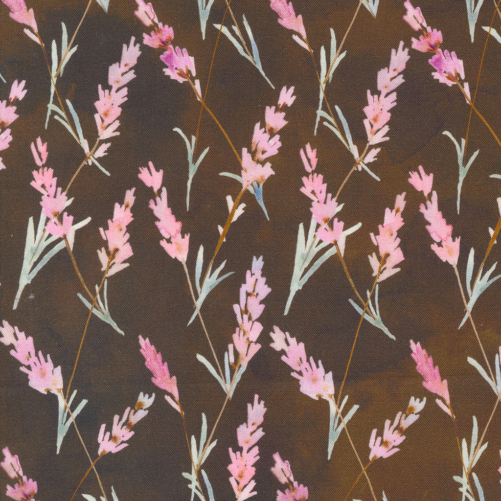 Blooming Lovely by Janet Clare for Moda. Sepia -Thin Pink Flowers with Thin Green Watercolor Leaves on a Washed Chocolate Brown Background. 