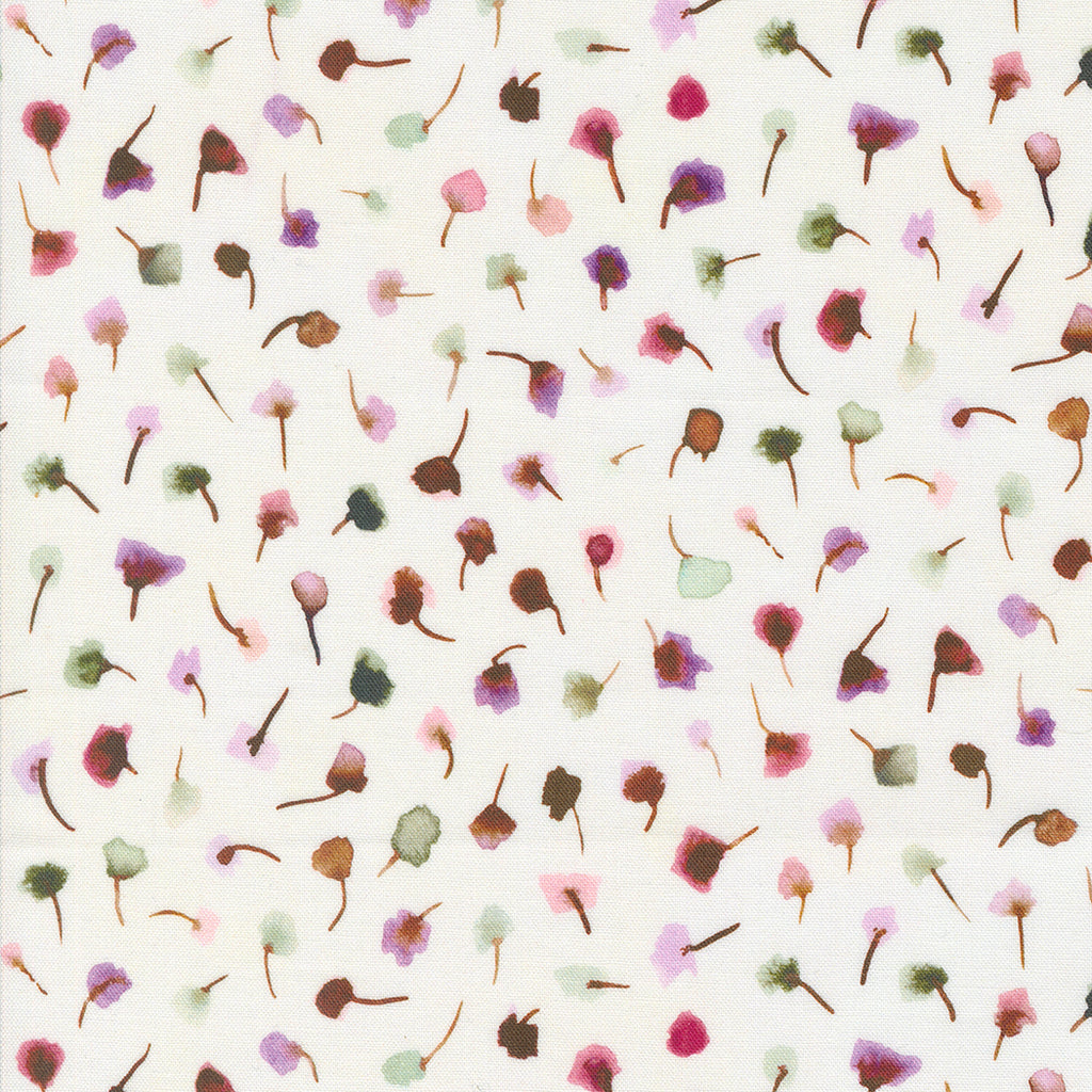 Blooming Lovely by Janet Clare for Moda. Cream - Abstract Petals in Green, Purple, and Pink Scattered on a White Background. 