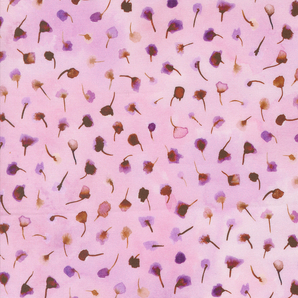 Blooming Lovely by Janet Clare for Moda. Lilac - Abstract Petals in Purple and Pink Scattered on a Washed Pink Background. 
