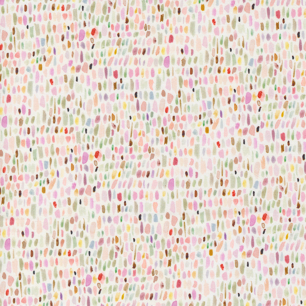 Blooming Lovely by Janet Clare for Moda. Cream Multi - Abstract Dots in Pink, Green, Orange, and Yellow on a White Background. 