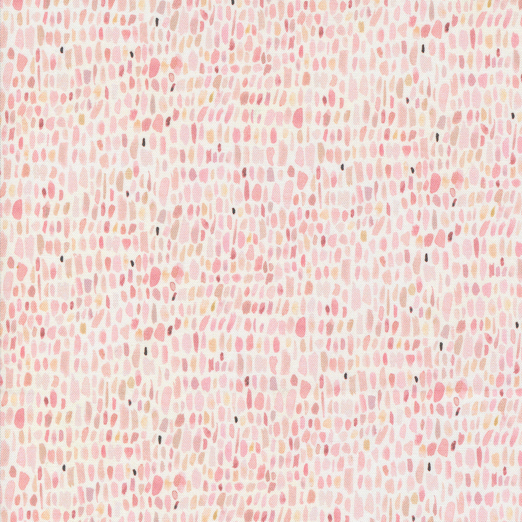 Blooming Lovely by Janet Clare for Moda. Petal - Abstract Dots in Pink, Peach, and Orange with Black Accents on a Creamish-White Background. 