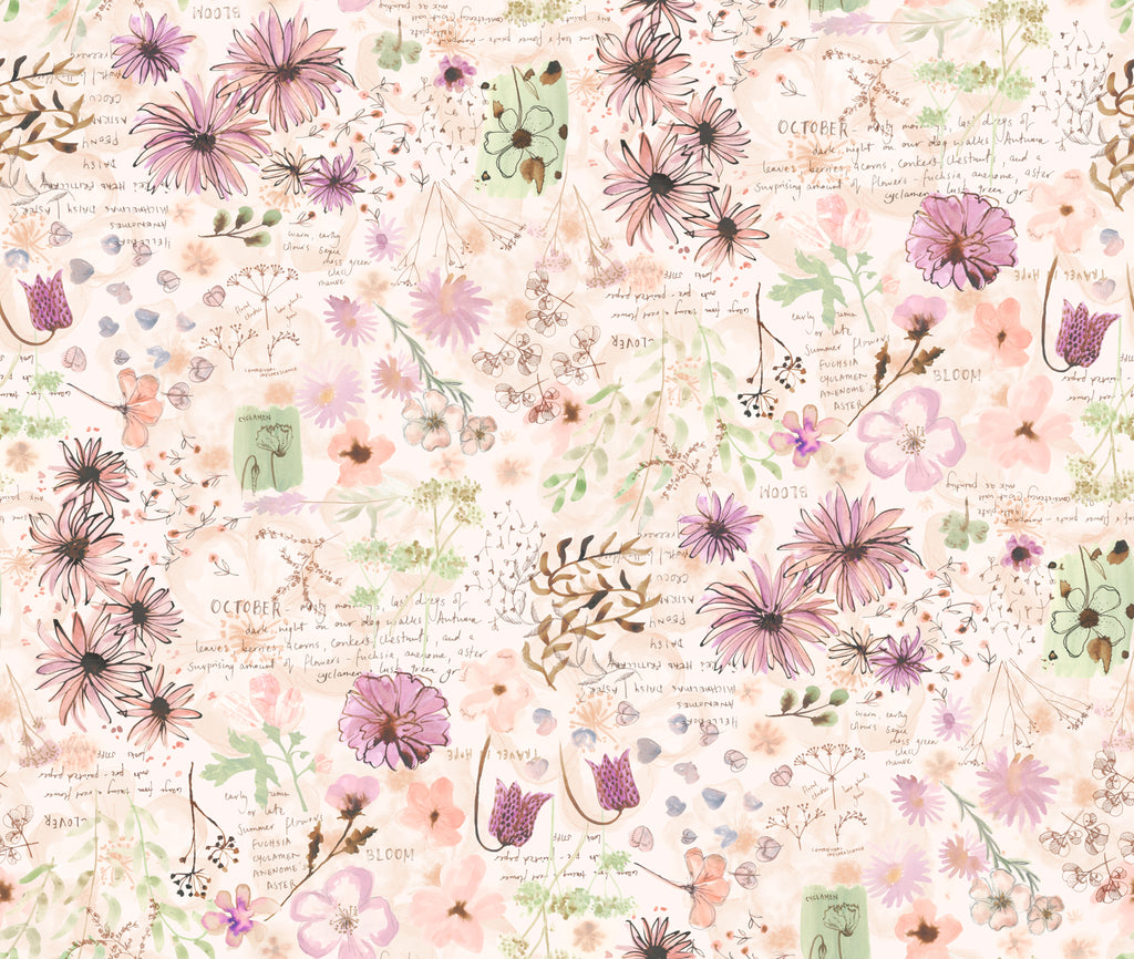 Blooming Lovely by Janet Clare for Moda. Petal - Watercolor Sketches of Different Flowers and Writing done in Purple, Pink, and Green on a Washed Background.