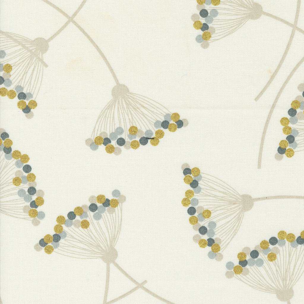 Shimmer by Zen Chic for Moda. Metallic Ivory - Sprigs of Light Tan Dandelions with Metallic Light Gray, Dark Gray, and Gold on a Cream Background.