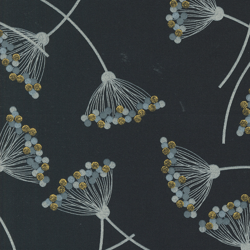 Shimmer by Zen Chic for Moda. Metallic Ebony- Sprigs of Light Gray Dandelions with Metallic Light Gray, Dark Gray, and Gold on a Soft Black Background.