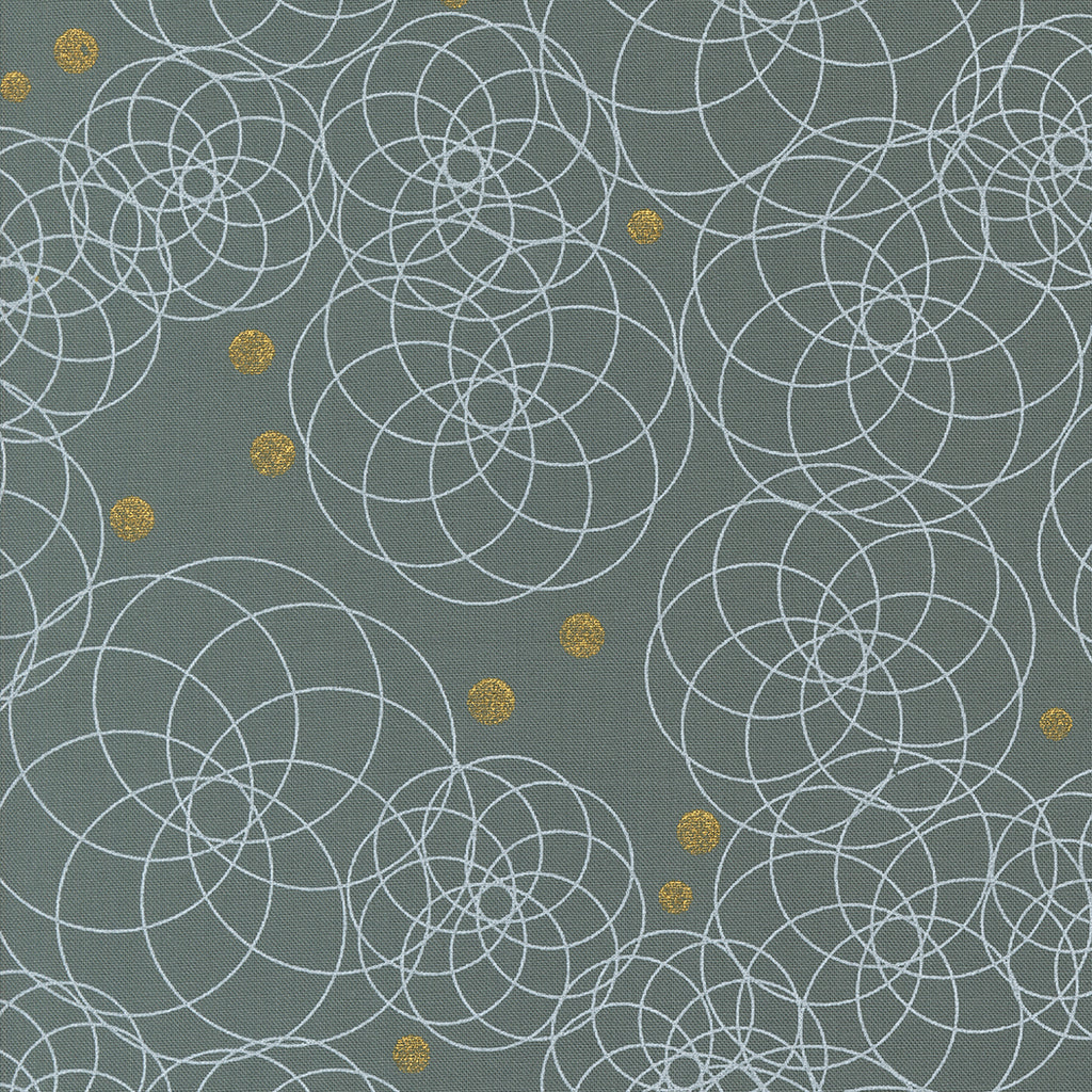 Shimmer by Zen Chic for Moda. Metallic Smoke- Geometric Light Gray Circles with Gold Metallic Accents on a Medium Gray Background.
