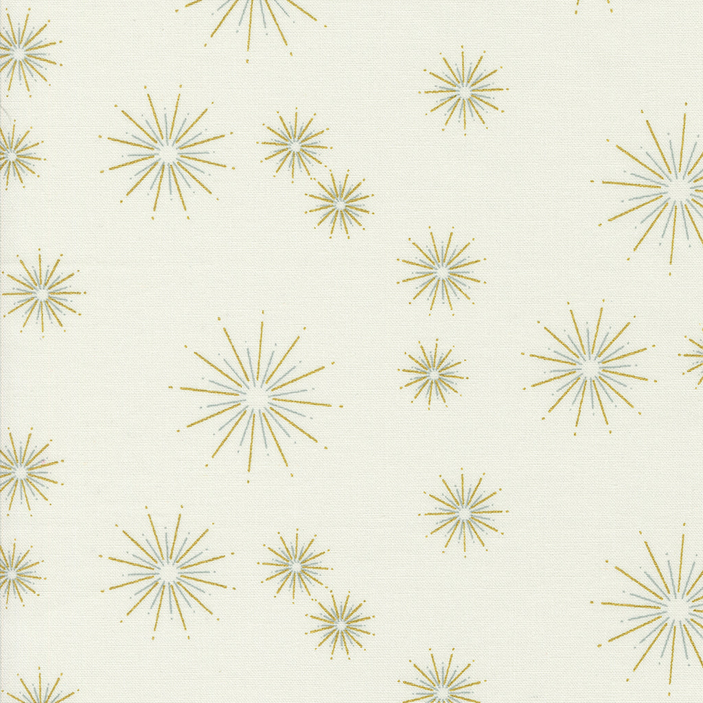 Shimmer by Zen Chic for Moda. Metallic Ivory- Metallic Silver and Gold Star Bursts on a Cream Background. 