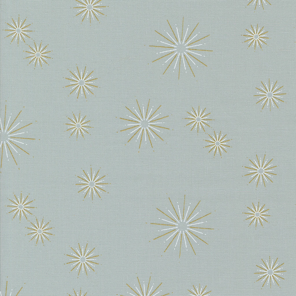 Shimmer by Zen Chic for Moda. Metallic Silver- Metallic Silver and Gold Star Bursts on a Light Gray Background. 