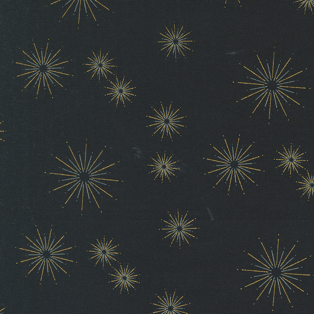 Shimmer by Zen Chic for Moda. Metallic Ebony- Metallic Silver and Gold Star Bursts on a Soft Black Background. 