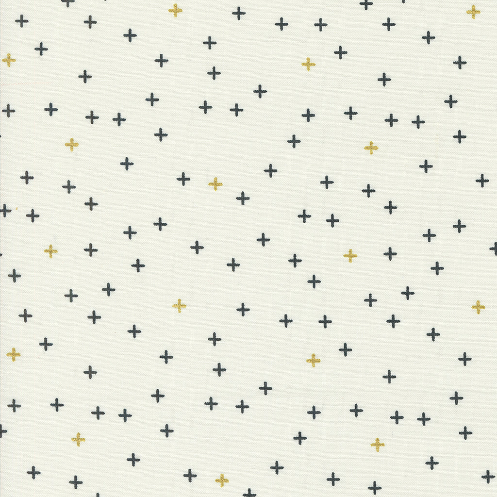 Shimmer by Zen Chic for Moda. Metallic Ivory- Black, Metallic Gold, and Metallic Silver Plus Signs on a Cream Background.
