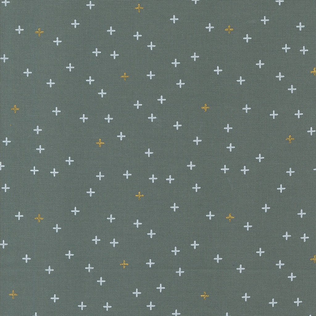Shimmer by Zen Chic for Moda. Metallic Smoke- Gray and Metallic Gold Plus Signs on a Medium Gray Background.