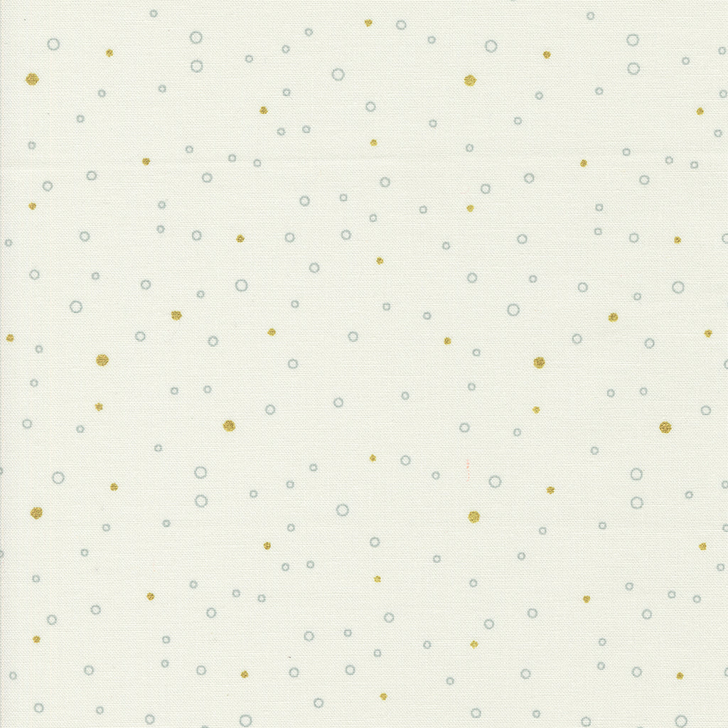 Shimmer by Zen Chic for Moda. Metallic Ivory- Gray and Metallic Gold Small Circles and Dots on a Cream Background.