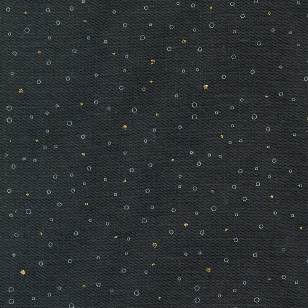 Shimmer by Zen Chic for Moda. Metallic Ebony- Gray and Metallic Gold Small Circles and Dots on a Soft Black Background.