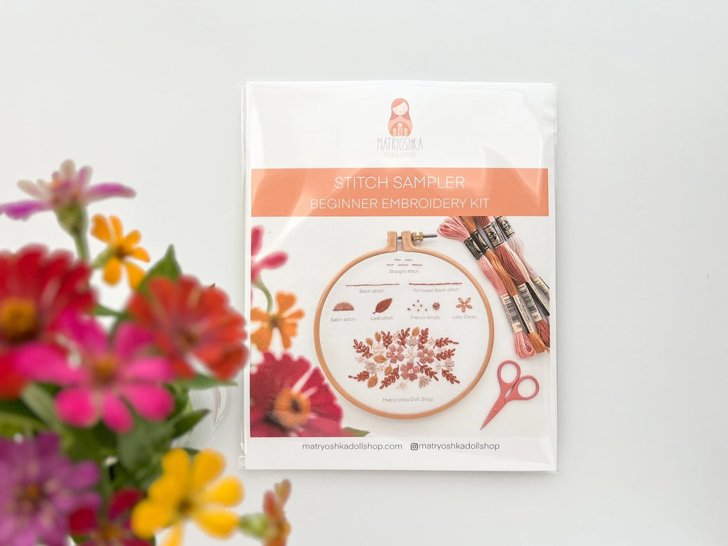 Beginner Embroidery Kit - Stitch Sampler for beginners by Matryoshka Doll Shop. Yellow and Orange