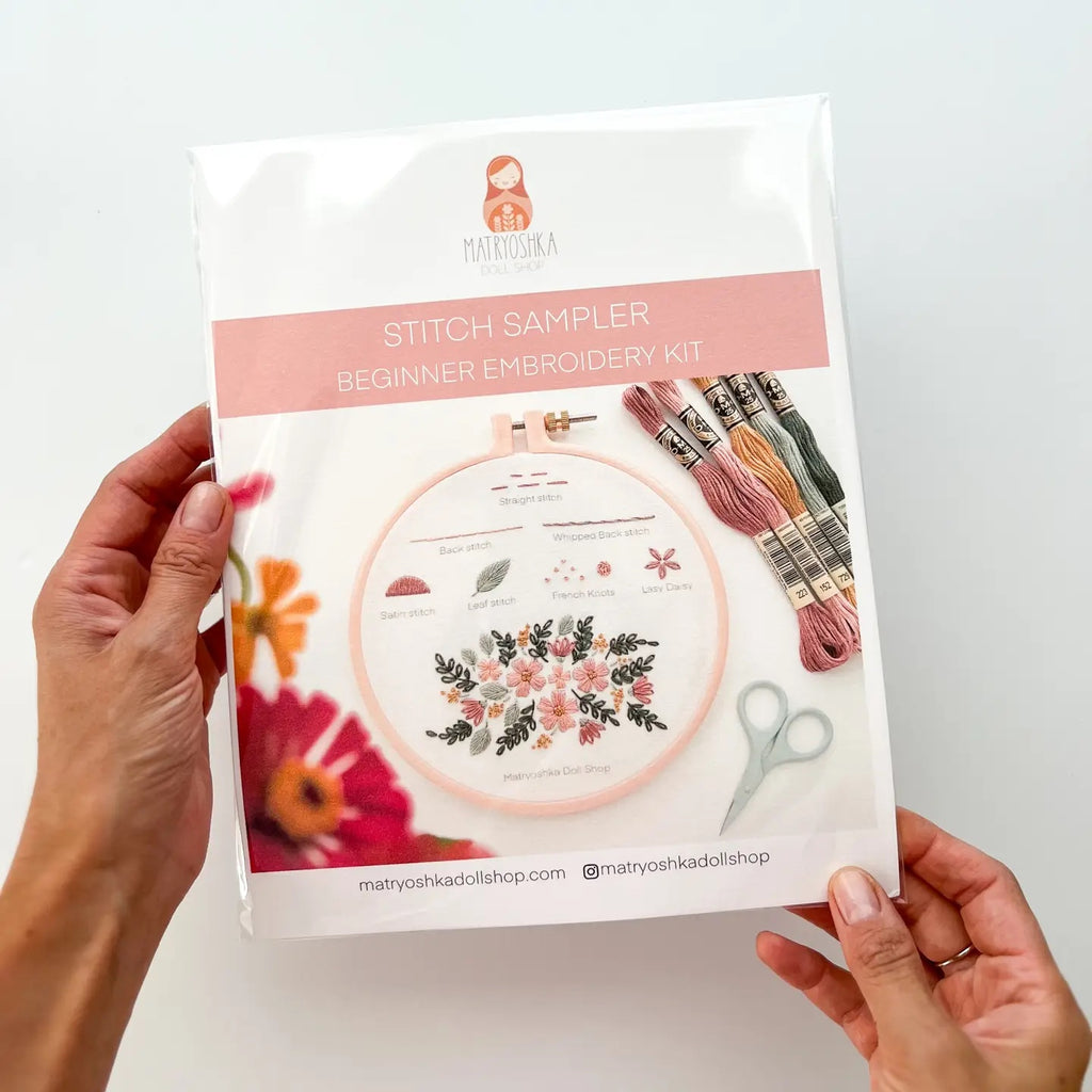 Beginner Embroidery Kit - Stitch Sampler for beginners by Matryoshka Doll Shop. Pink and Green