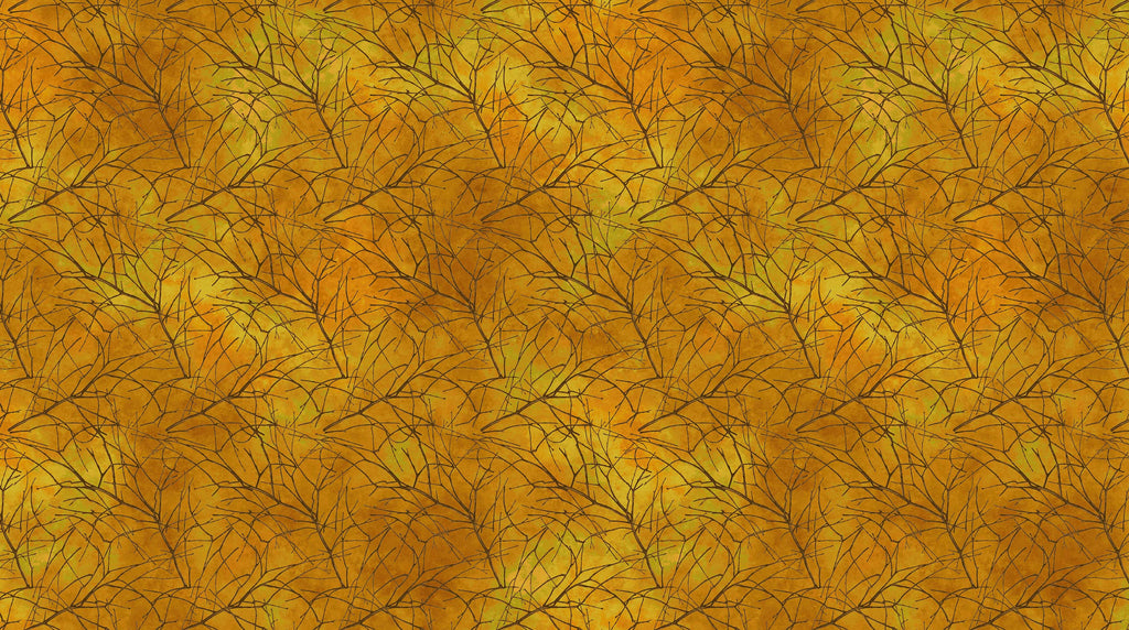 Thin Branches on a Mottled Orange Background. Fabric