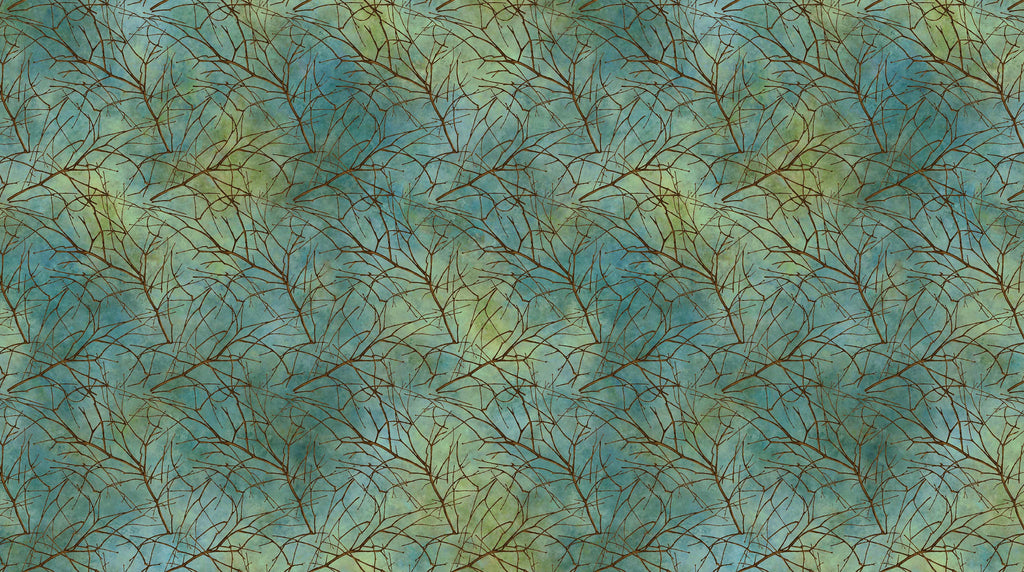 Thin Branches on a Mottled Teal and Green Background. Fabric
