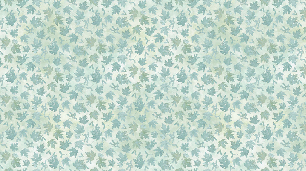 Mottled blueish teal leaf and seed shapes on a lighter blueish teal background. Fabric