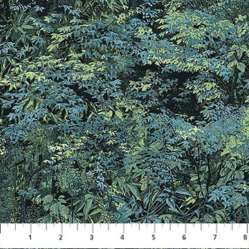 Naturescapes Moonlight Kisses by Abraham Hunter for Northcott Fabrics. Dark Blue/Teal Foliage - a Forest Scene of Various Plants and Trees in Blues, Teals, and Greens. 
