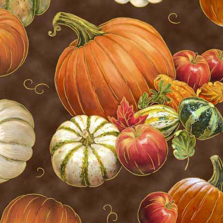 Autumn Forest by Gina Jane Lee for QT Fabrics. Pumpkins and Gourds - Brown - A smattering of pumpkins, gourds, apples, and fall leaves on a mottled brown background.