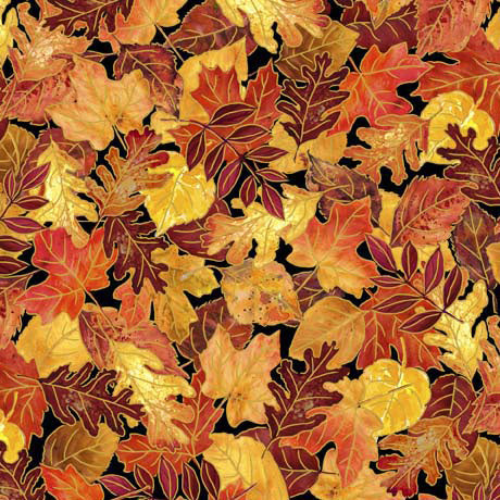 Autumn Forest by Gina Jane Lee for QT Fabrics. Leaves - Black: A mess of leaves done in various shades of orange and yellow on a black background.