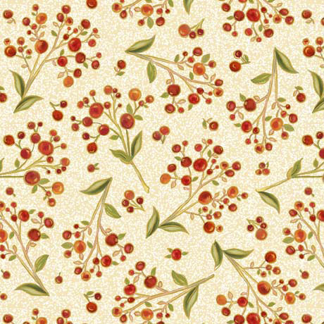 Autumn Forest by Gina Jane Lee for QT Fabrics. Berry Sprig - Cream: Sprigs with Bright Red Berries and Green Leaves on a Cream Background.