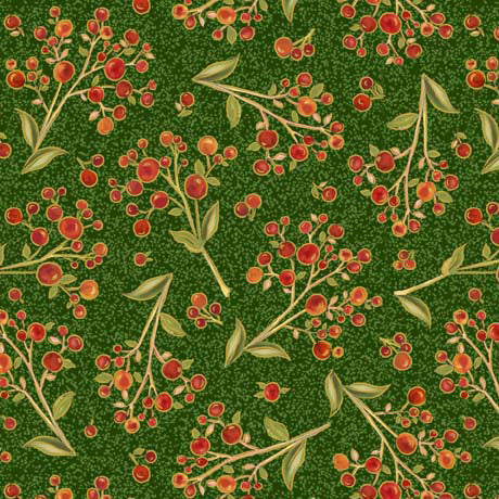 Autumn Forest by Gina Jane Lee for QT Fabrics. Berry Sprig - Green: Sprigs with Bright Red Berries and Green Leaves on a Splotchy Green Background.