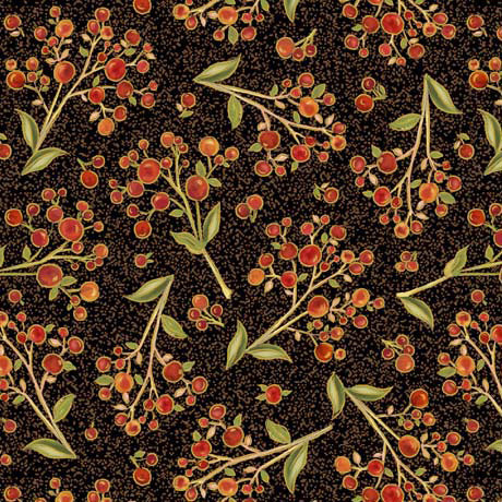 Autumn Forest by Gina Jane Lee for QT Fabrics. Berry Sprig - Black: Sprigs with Bright Red Berries and Green Leaves on a Splotchy Black Background.