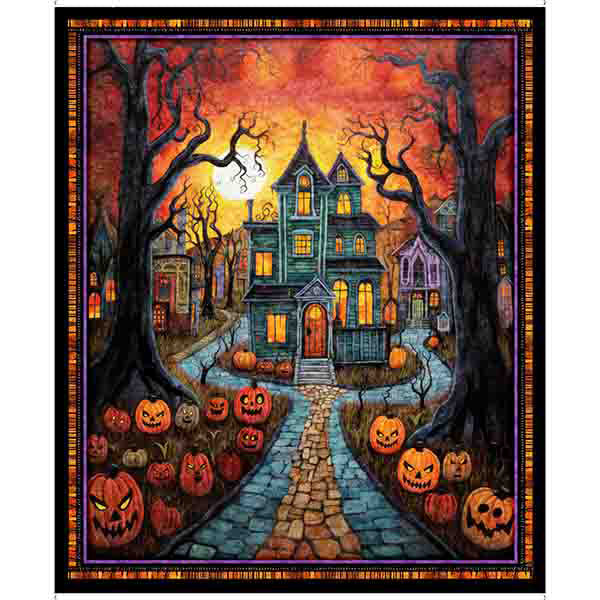 Creepin' It Real by Morris Creative Group for QT Fabrics. Haunted House Panel - Multi:  A Halloween Scene of a Haunted House Scene with Carved Pumpkin and Spooky Trees. Approximately 36" by WOF.