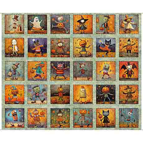 Creepin' It Real by Morris Creative Group for QT Fabrics. Halloween Picture Patch- Sage: Cute Little Halloween Scenes with Friendly Ghosts, Pumpkin Men, Cats, and Skeltons, and Much More on a Sage Green Background.