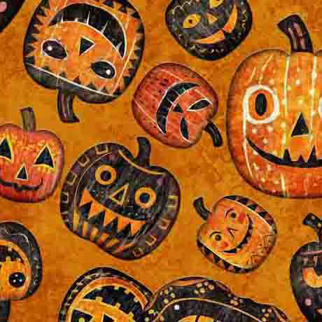 Creepin' It Real by Morris Creative Group for QT Fabrics. Pumpkin Toss - Pumpkin: Cute Pumpkins with Smiles in Black and Orange on a Mottled Orange Background.