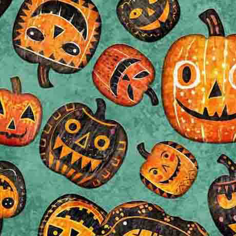 Creepin' It Real by Morris Creative Group for QT Fabrics. Pumpkin Toss - Jade: Cute Pumpkins with Smiles in Black and Orange on a Mottled Teal Green Background.