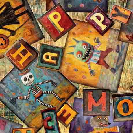 Creepin' It Real by Morris Creative Group for QT Fabrics. Halloween Patchwork - Gold: Little Halloween Scenes with Skeletons and Monsters Scattered with Letters.