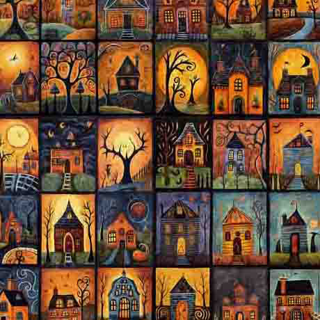 Creepin' It Real by Morris Creative Group for QT Fabrics. Haunted House Blocks- Multi: Little Halloween Scenes of Haunted Houses and Spooky Trees