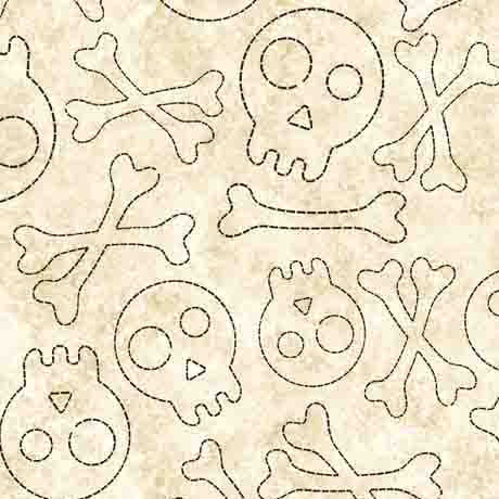 Creepin' It Real by Morris Creative Group for QT Fabrics. Stitched Skulls - Cream: Multicolored Outlines of Skulls and Bones on a Mottled Cream Background.