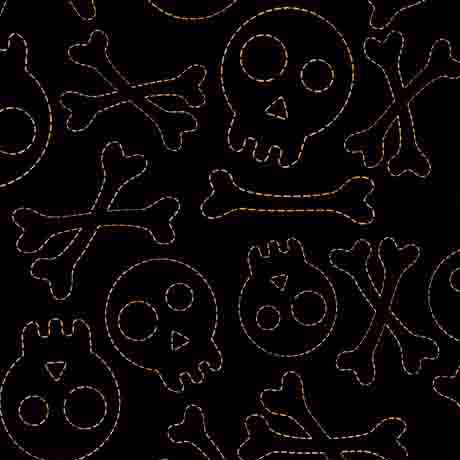 Creepin' It Real by Morris Creative Group for QT Fabrics. Stitched Skulls - Black: Multicolored Outlines of Skulls and Bones on a Black Background.