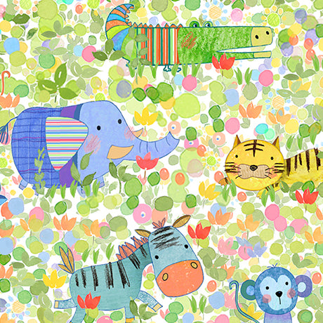 Jungle Friends by Studio Reiko for QT Fabrics. Baby Jungle Animals White