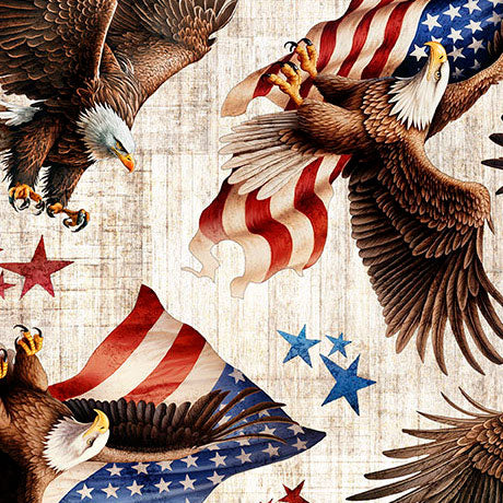 1776 by the Morris Creative Group for QT Fabrics. American Eagle and Flag Toss Birch