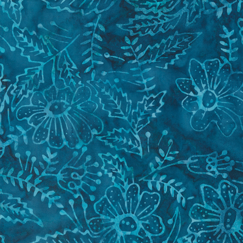 Blue Ridge Batiks by Moda. Stream- Light Blue Florals and Leaves on a Blue Batik Background