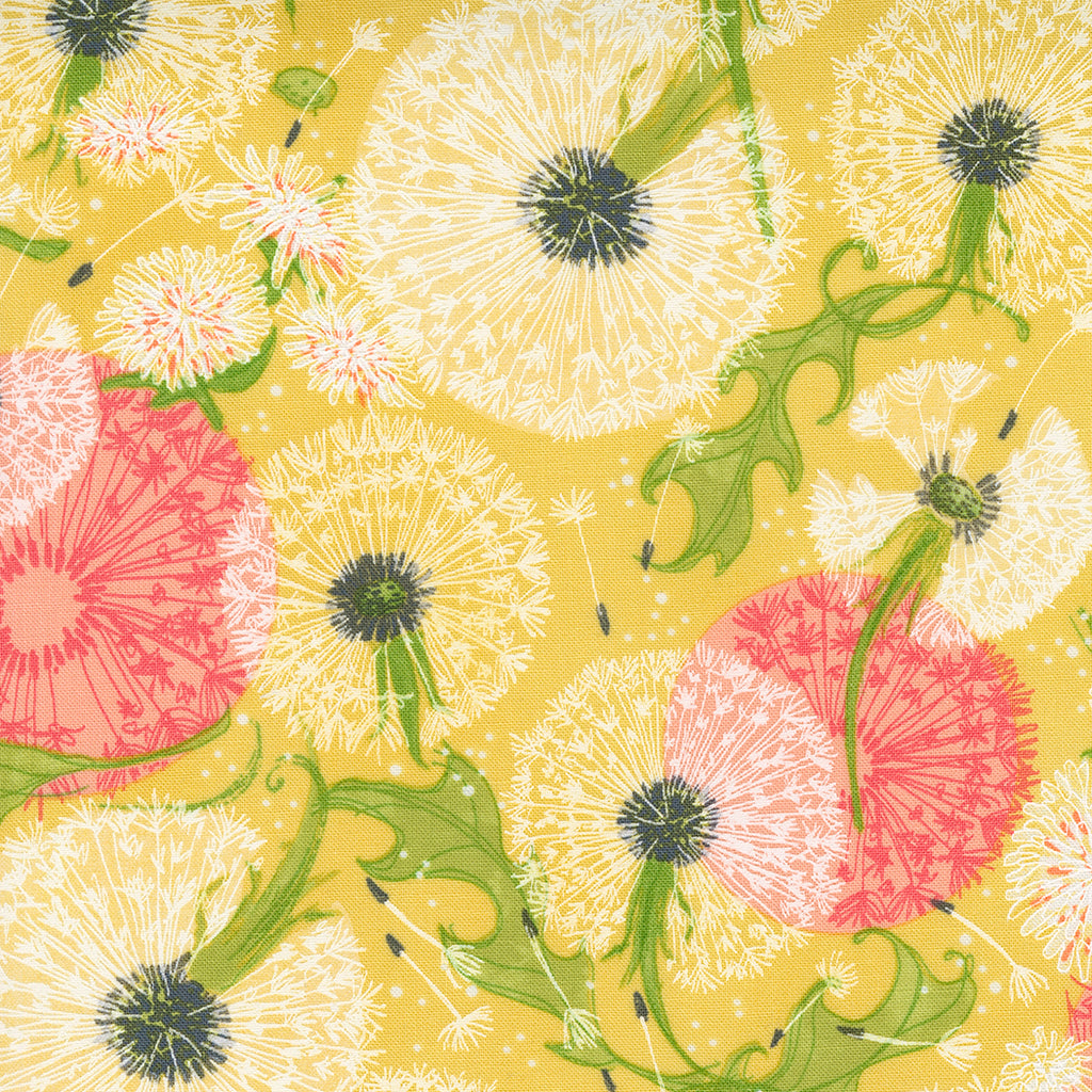 White and Pink Dandelions Blowing in the Wind with Green Leaves on a Mustard Yellow Background. Fabric