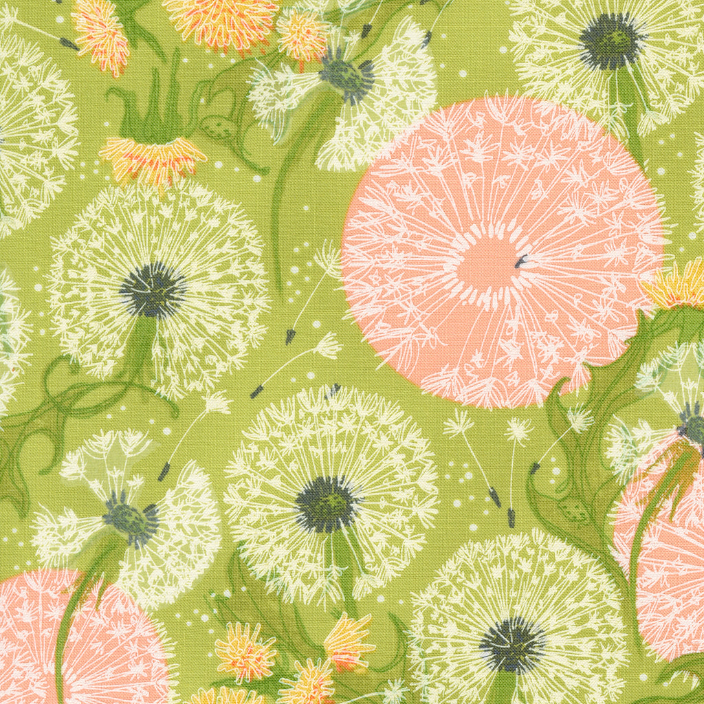 White and Pink Dandelions Blowing in the Wind with Green Leaves on a Lime Green Background. Fabric
