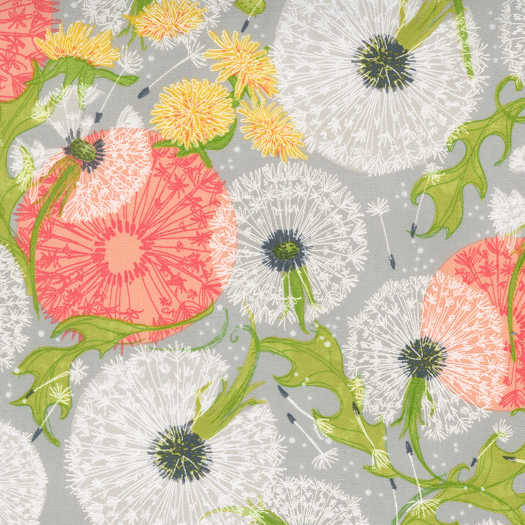 White and Coral Pink Dandelions with Smaller Yellow Dandelions Blowing in the Wind Accented with Green Leaves on a Light Gray Background. Fabric