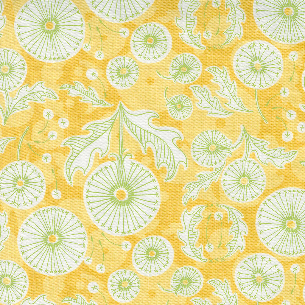 Abstract White Dandelions Outlined in Green on a Splotchy Mustard Yellow Background. Fabric