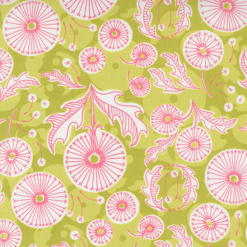 Abstract White Dandelions Outlined in Pink on a Splotchy Lime Green Background.  Fabric