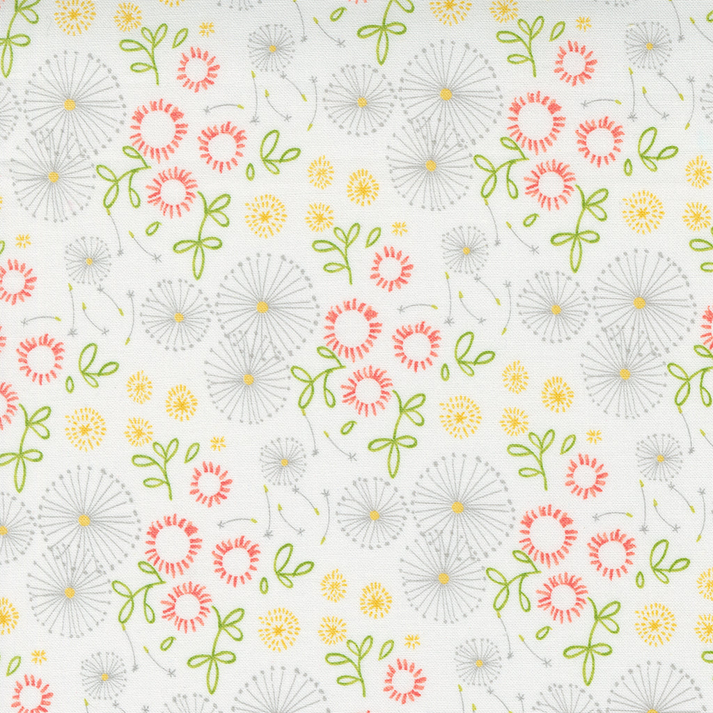 Abstract Dandelions and Daisys Done in White, Yellow, and Pink with Green Leaves on a White Background. Fabric